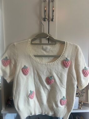 Luna & Ivy Cream Strawberry Embroidered Short-Sleeve Sweater